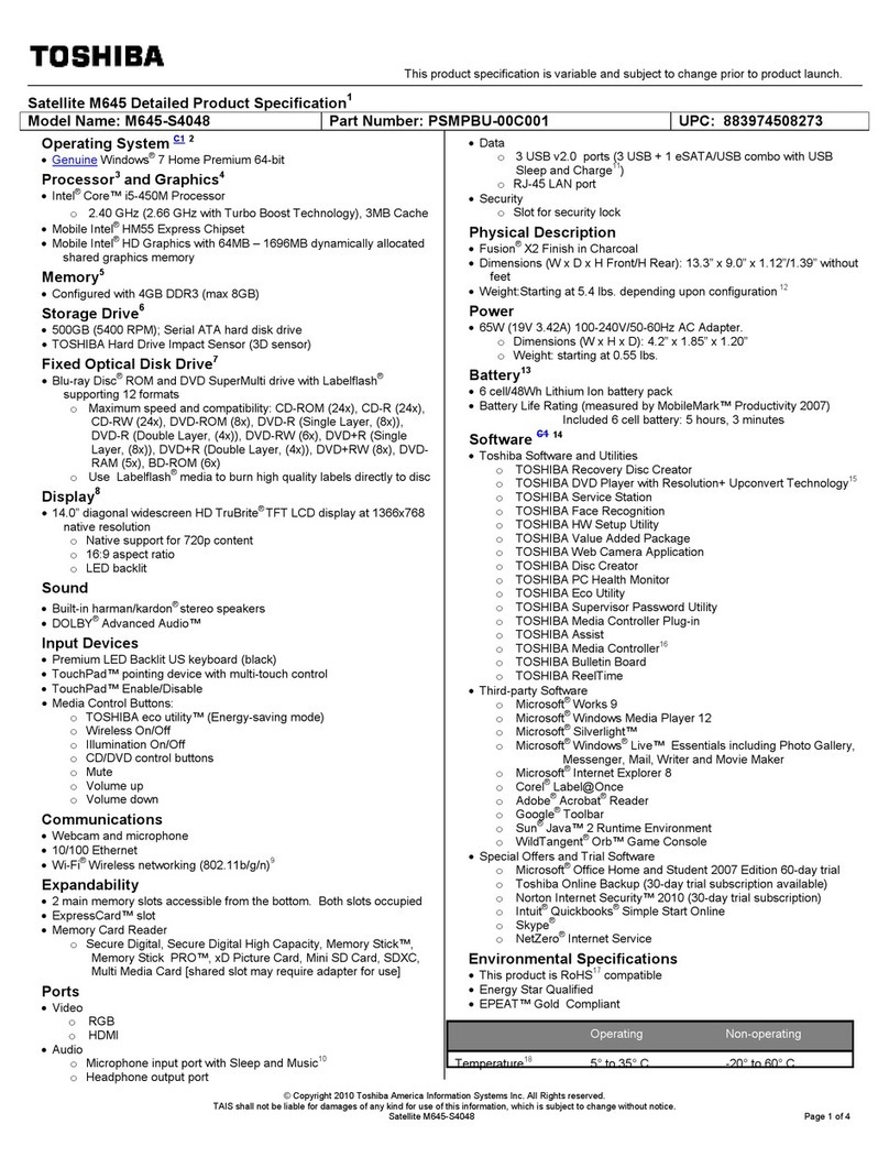 Toshiba M645-S4048 Specifications