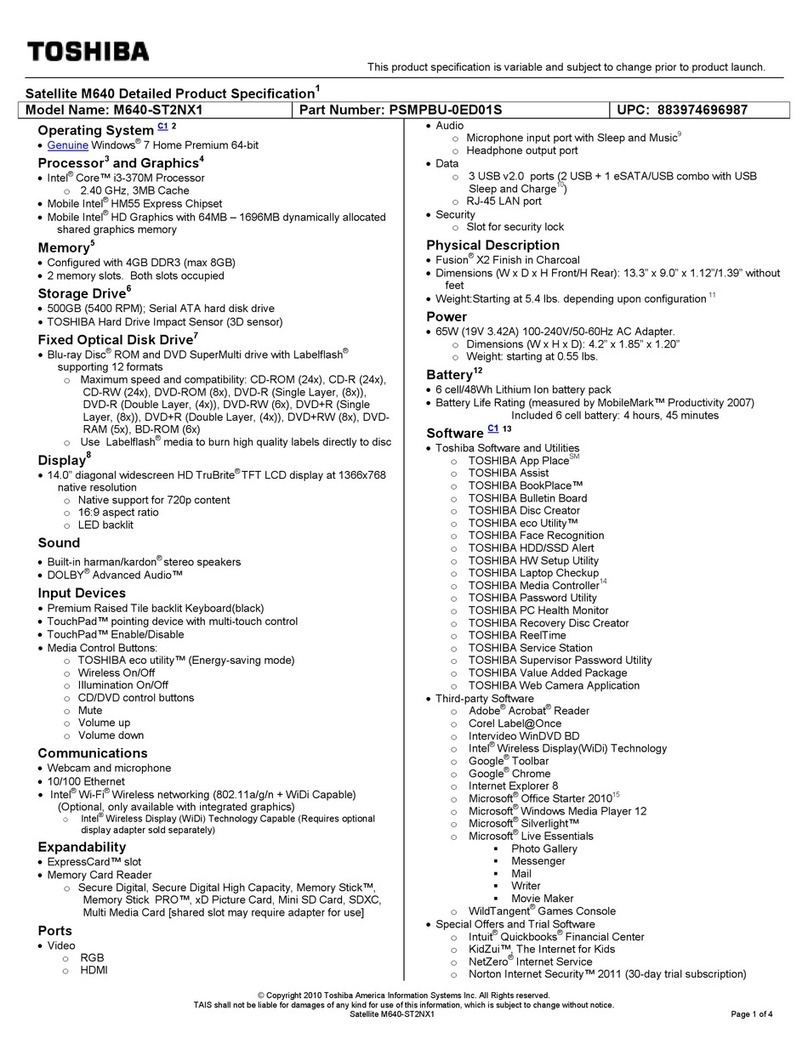 Toshiba M640-ST2NX1 Specifications