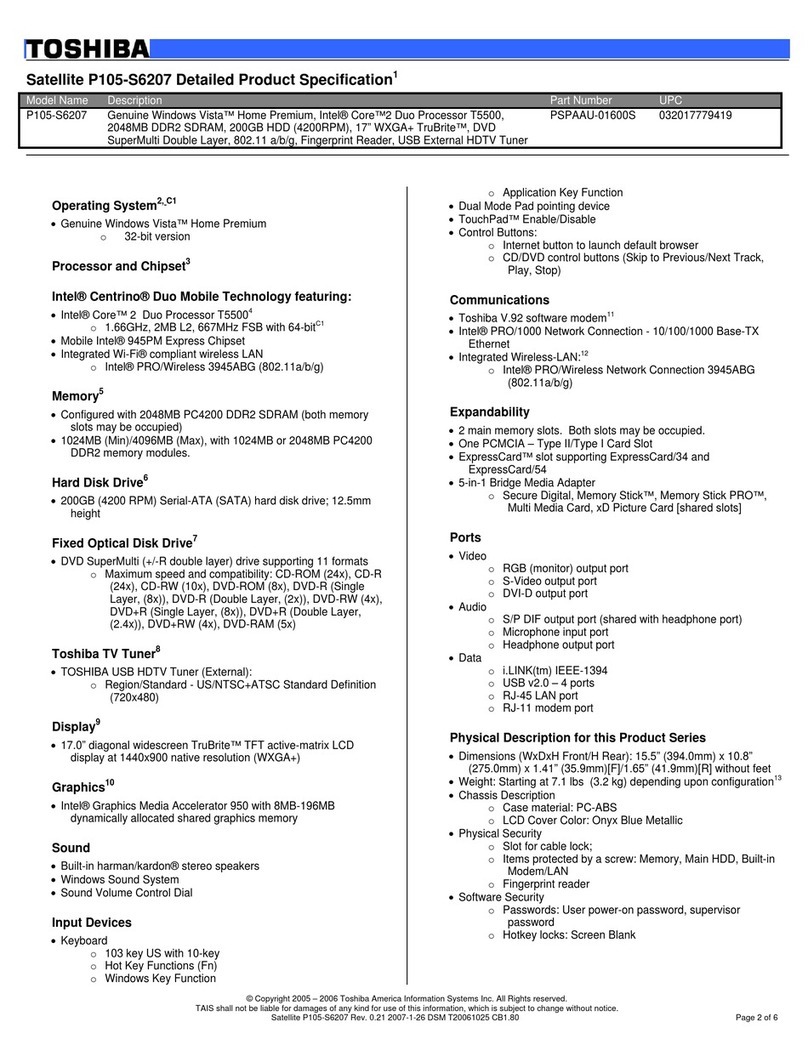 Toshiba P105-S6207 Specifications