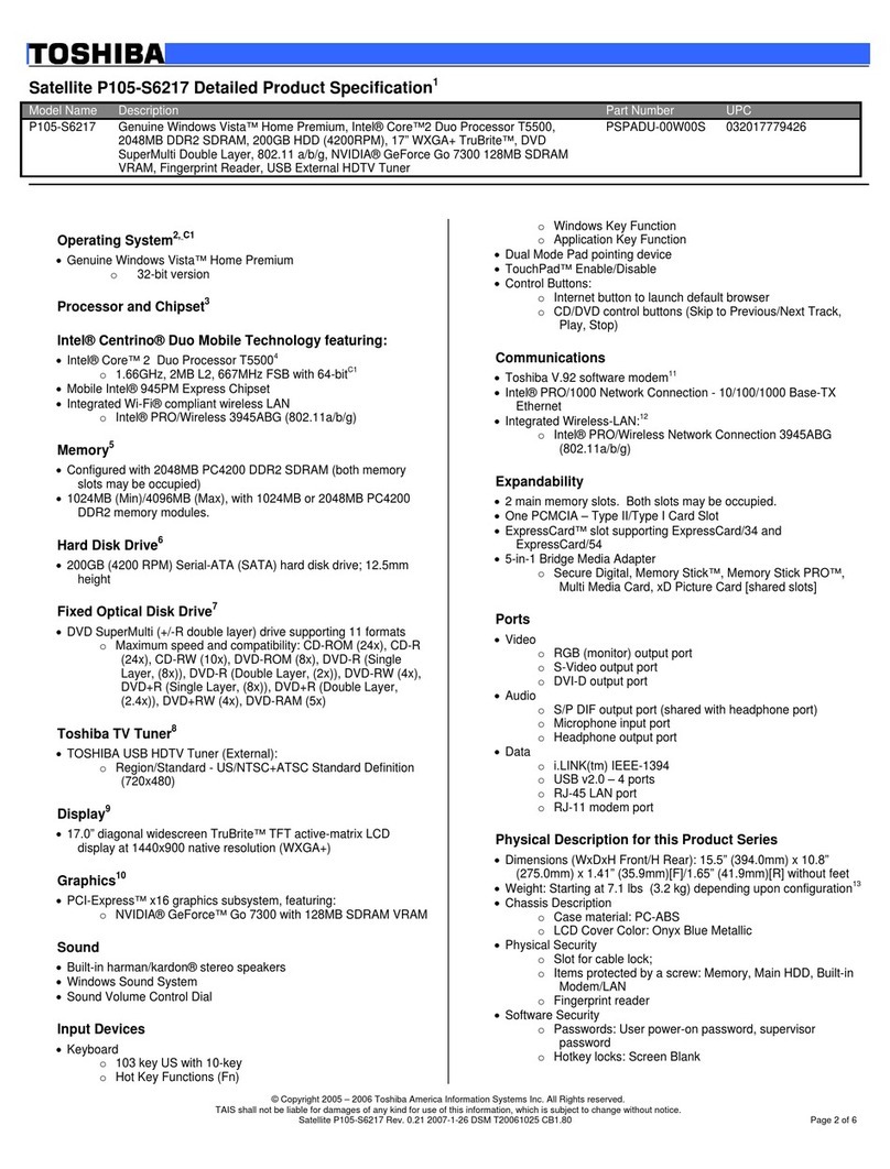 Toshiba P105-S6217 Specifications