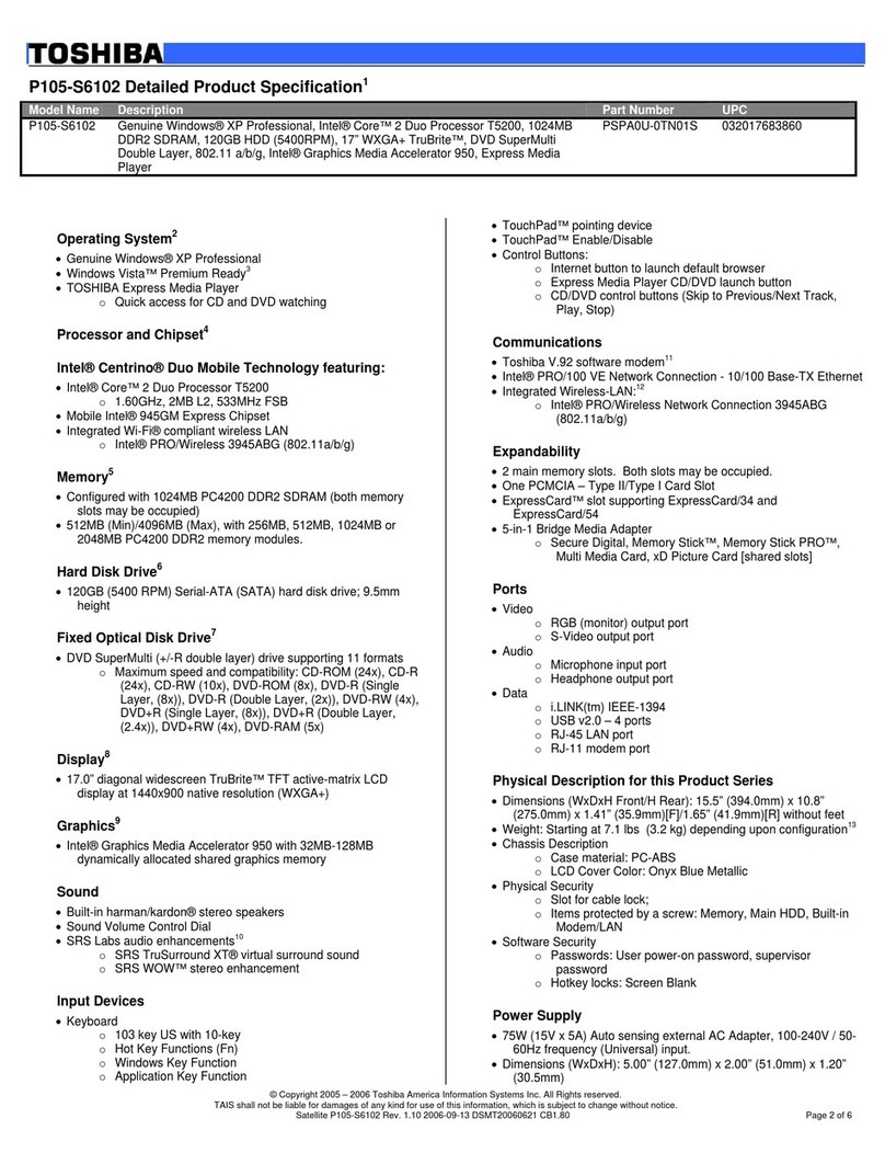 Toshiba P105-S6102 Specifications
