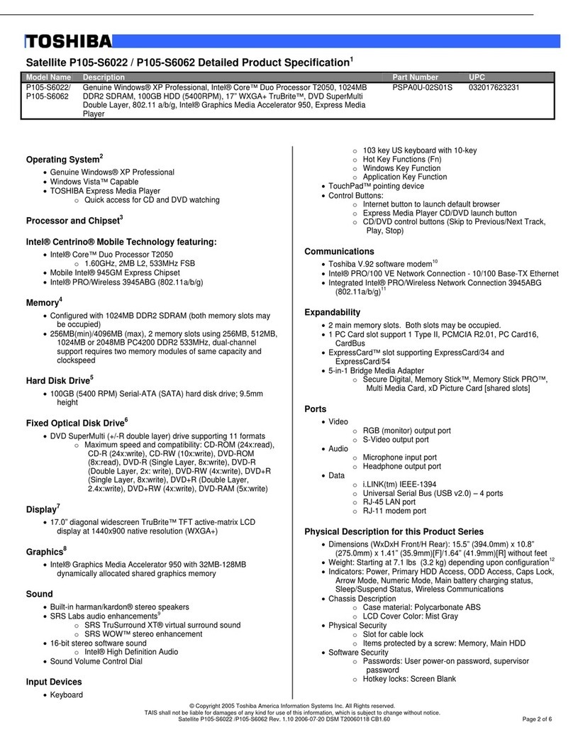 Toshiba P105-S6022 Specifications