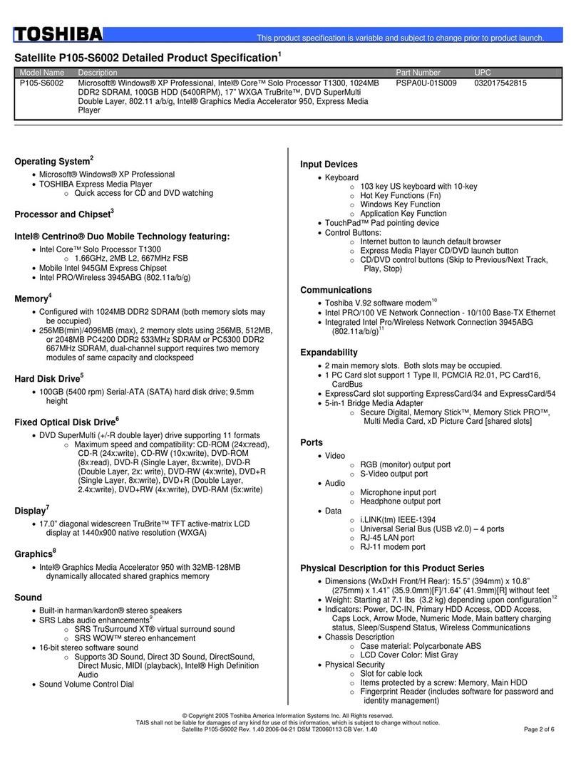 Toshiba P105-S6002 Specifications