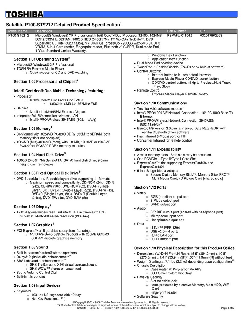 Toshiba Satellite P100-ST9212 Specifications