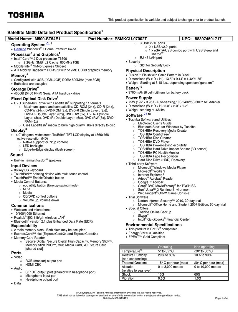 Toshiba Satellite M500-ST54E1 Specifications