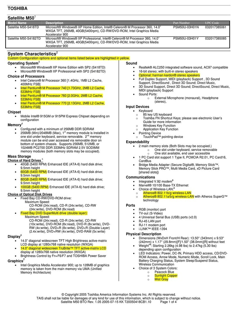 Toshiba M50-S4182TD Specifications