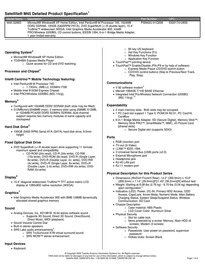 Toshiba M45-S2693 Specifications