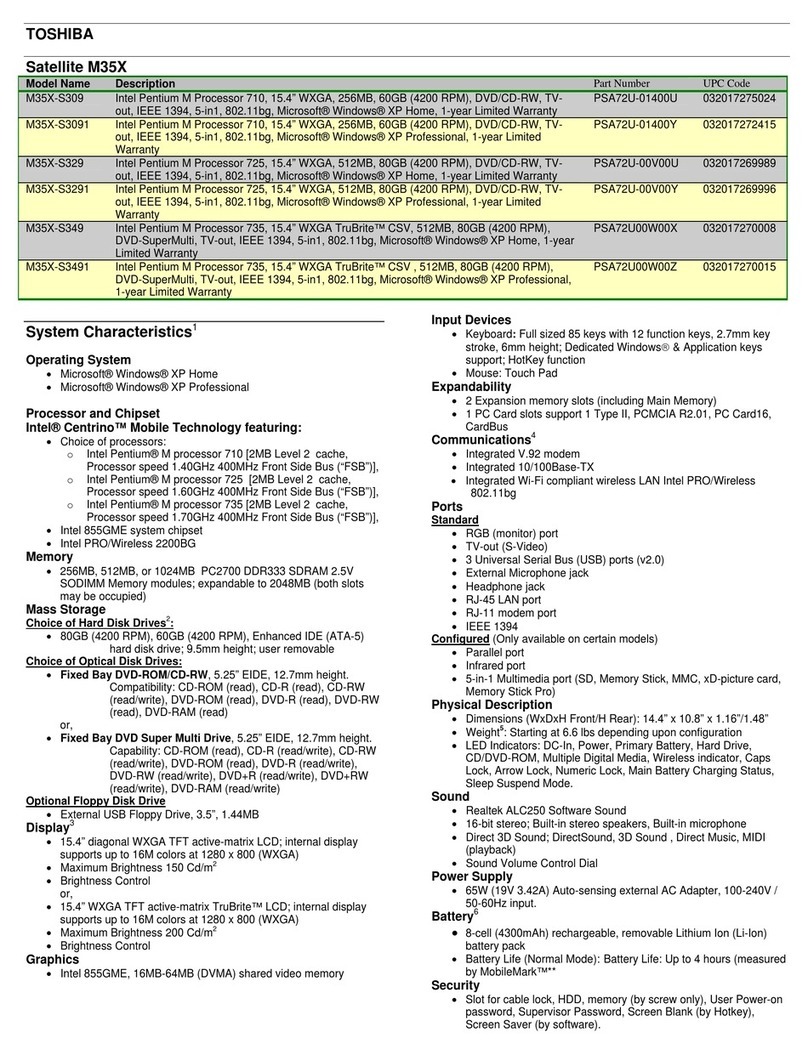 Toshiba M35X-S309 Specifications