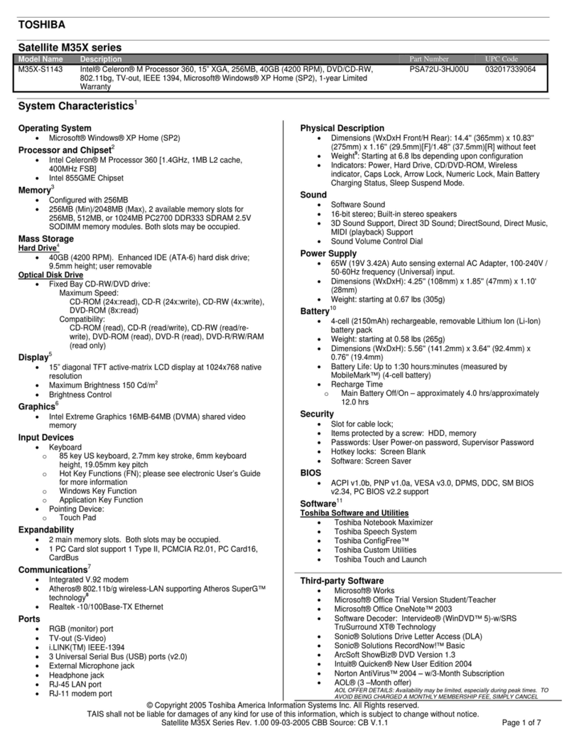 Toshiba M35X-S1143 Specifications