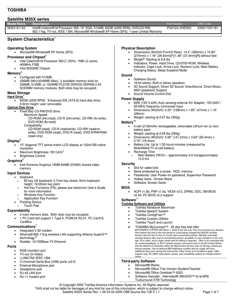 Toshiba M35X-S1142 Specifications