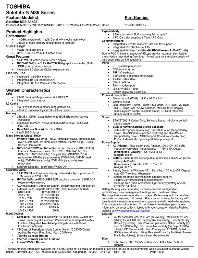 Toshiba M35-S3592 Specifications