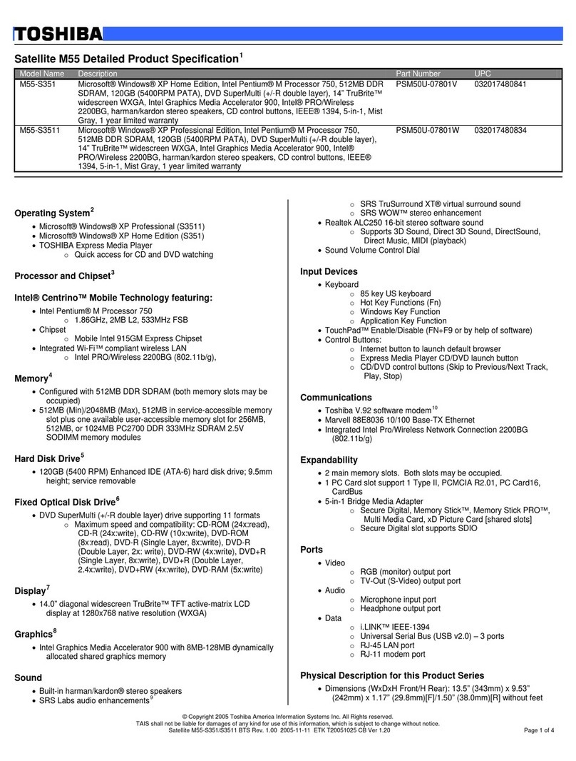 Toshiba M55-S351 Specifications