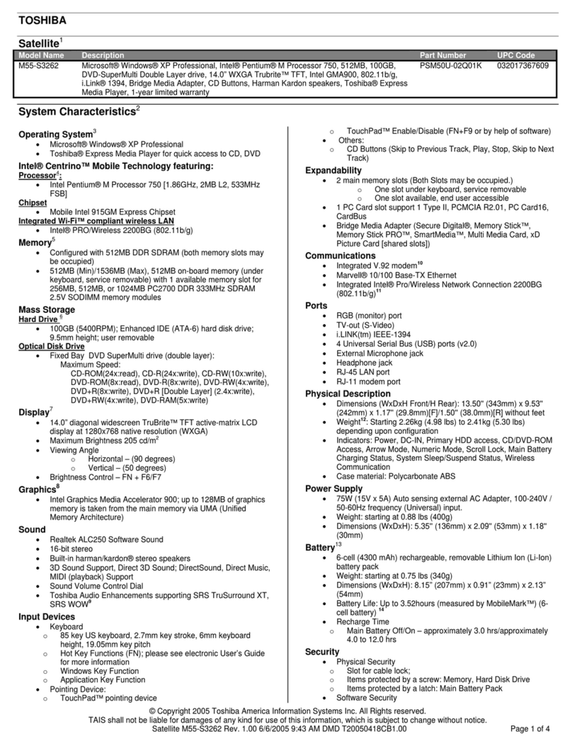 Toshiba M55-S3262 Specifications