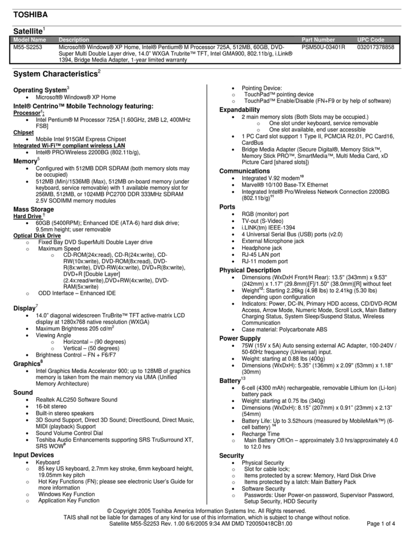 Toshiba M55-S2253 Specifications