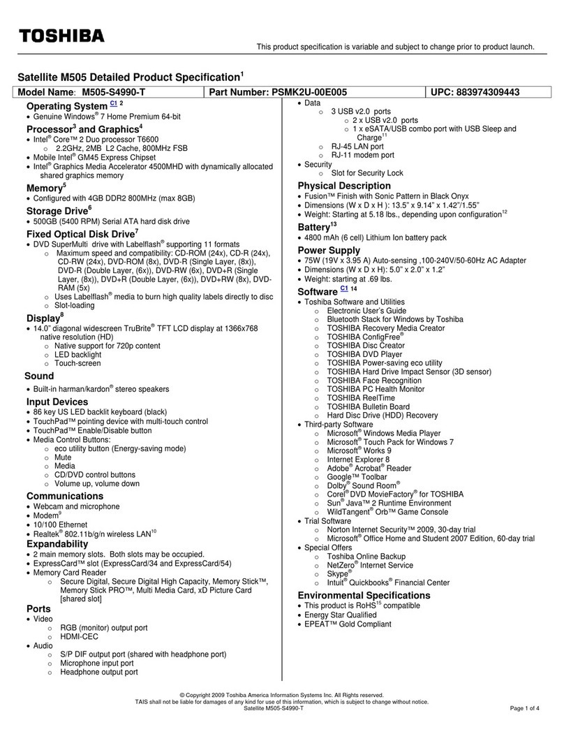 Toshiba M505-S4990-T Specifications