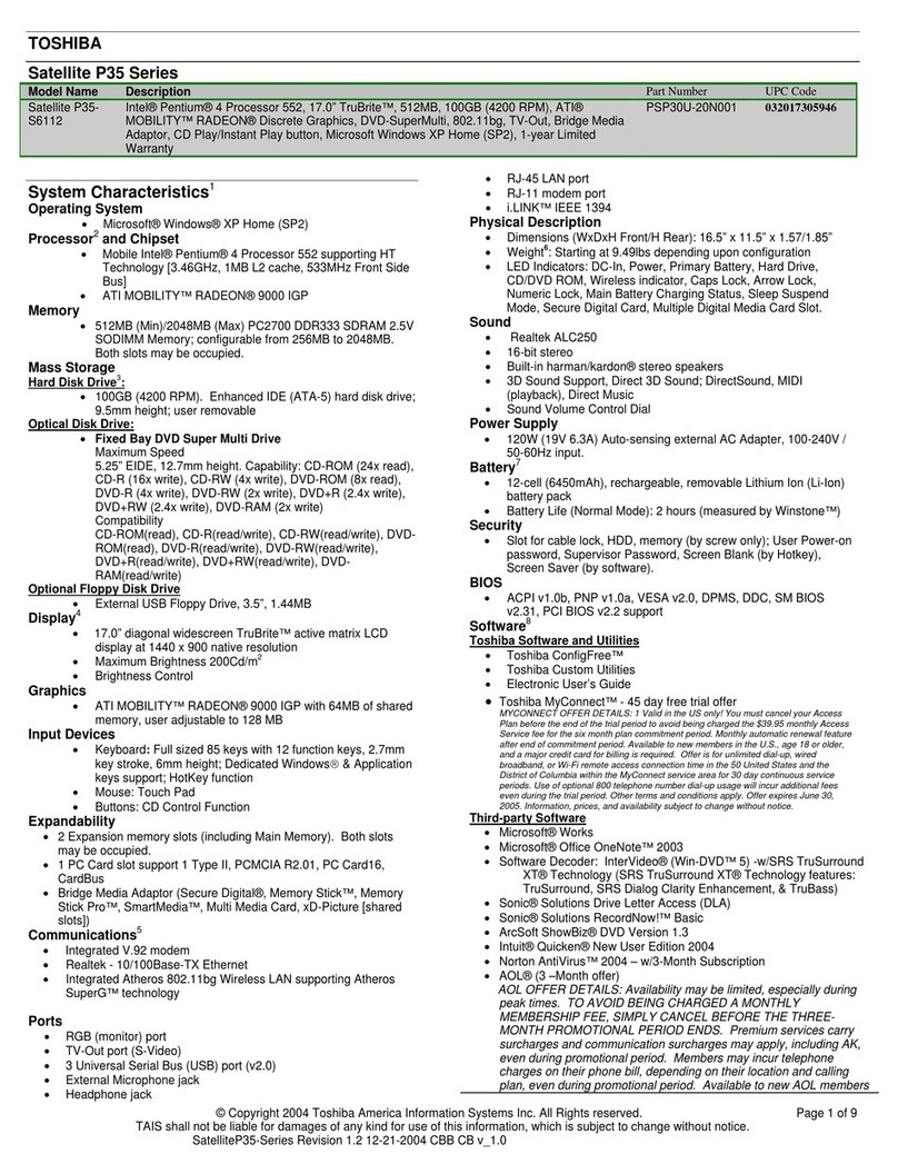 Toshiba P35-S6112 Specifications