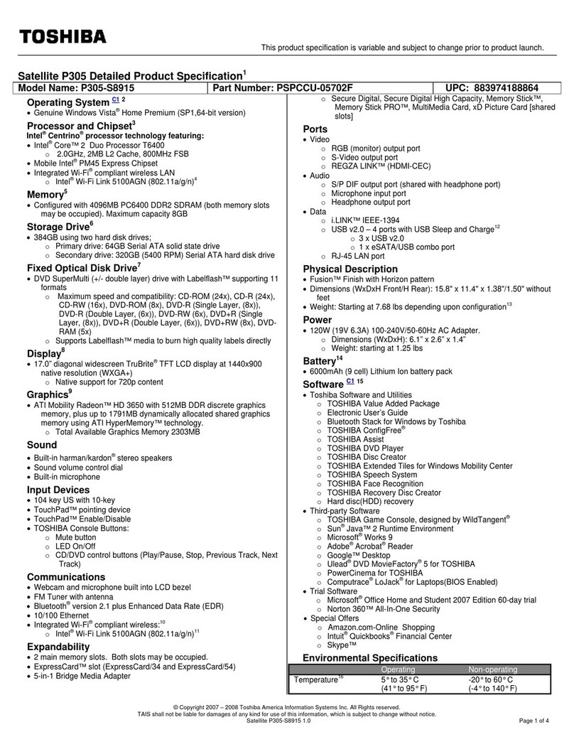 Toshiba Satellite P305-S8915 Specifications