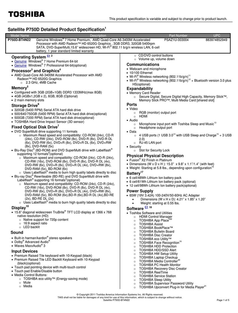 Toshiba P750D-BT4N22 Specifications
