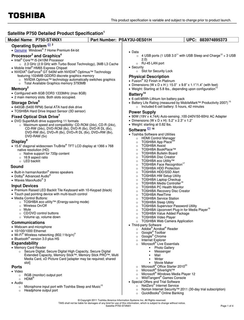 Toshiba P750-ST4NX1 Specifications