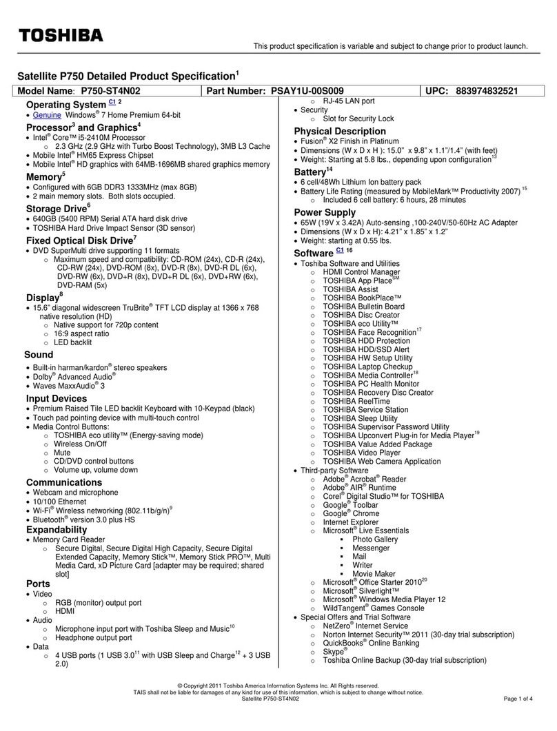 Toshiba P750-ST4N02 Specifications Toshiba P750-ST4N02 Specifications