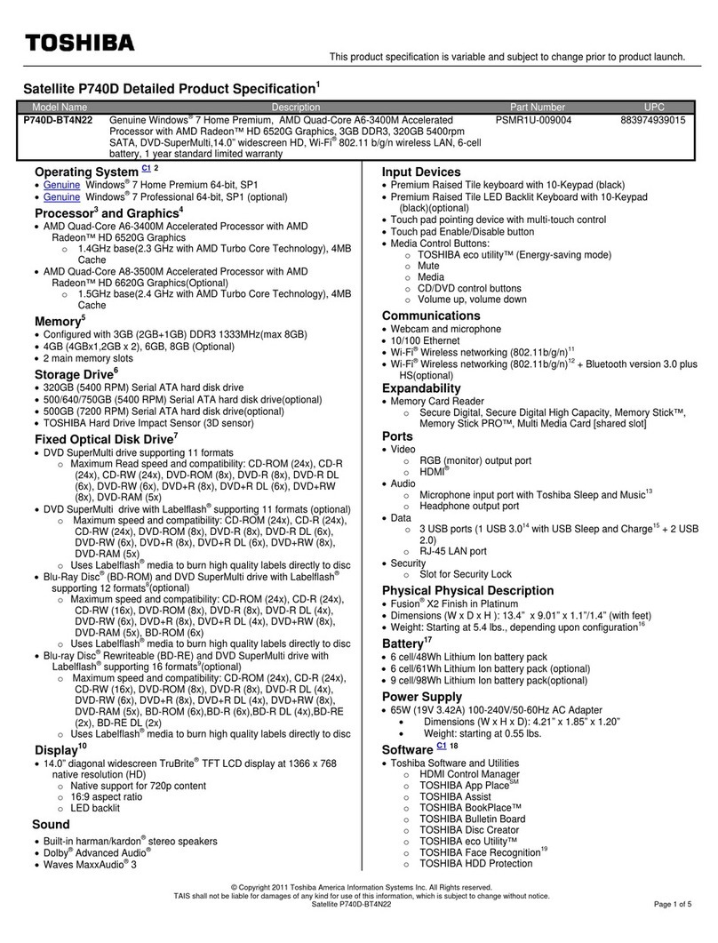 Toshiba P740D-BT4N22 Specifications