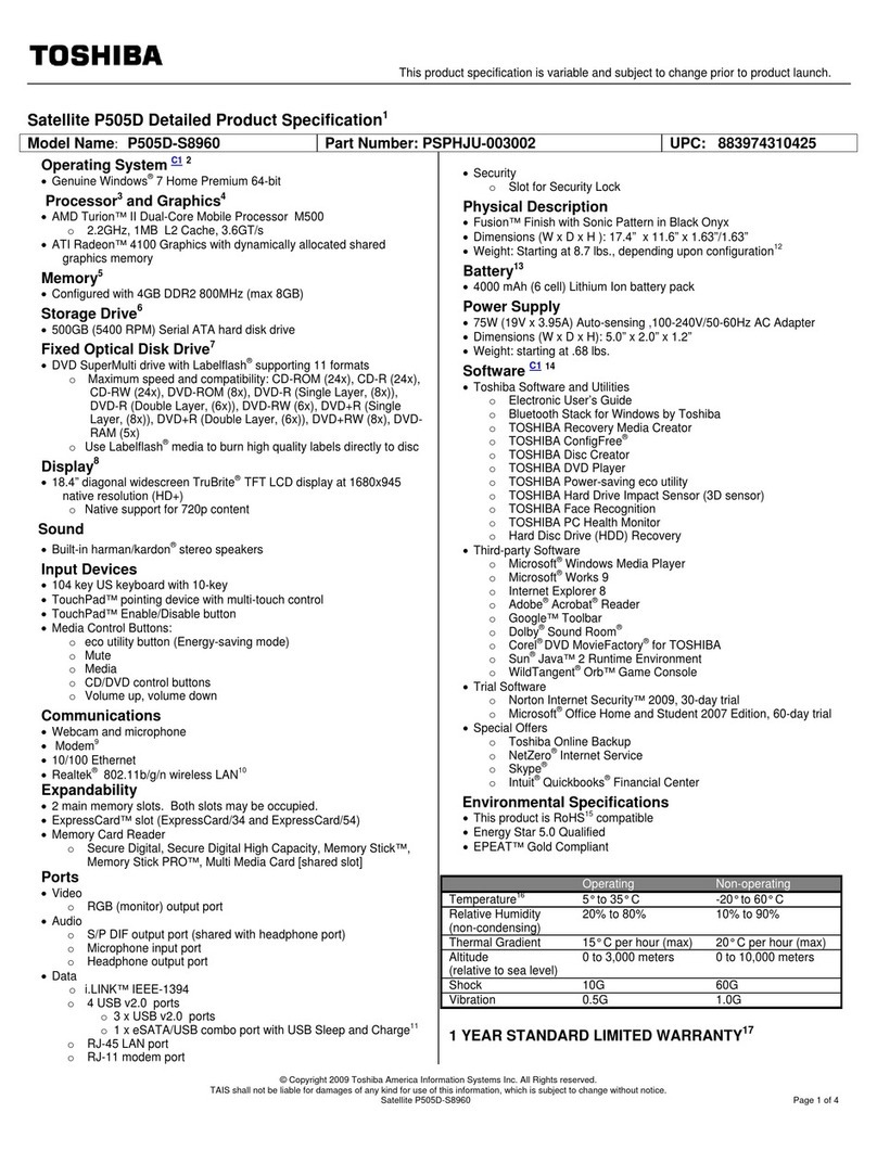 Toshiba P505D-S8960 Specifications