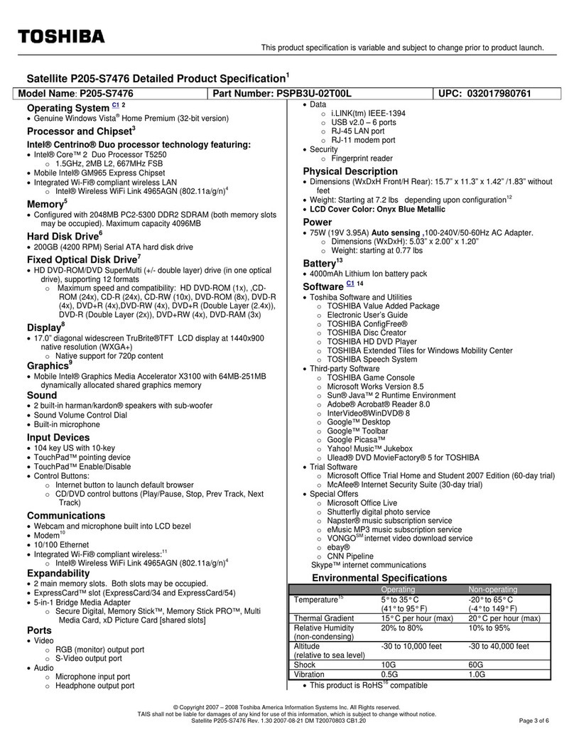 Toshiba P205-S7476 Specifications