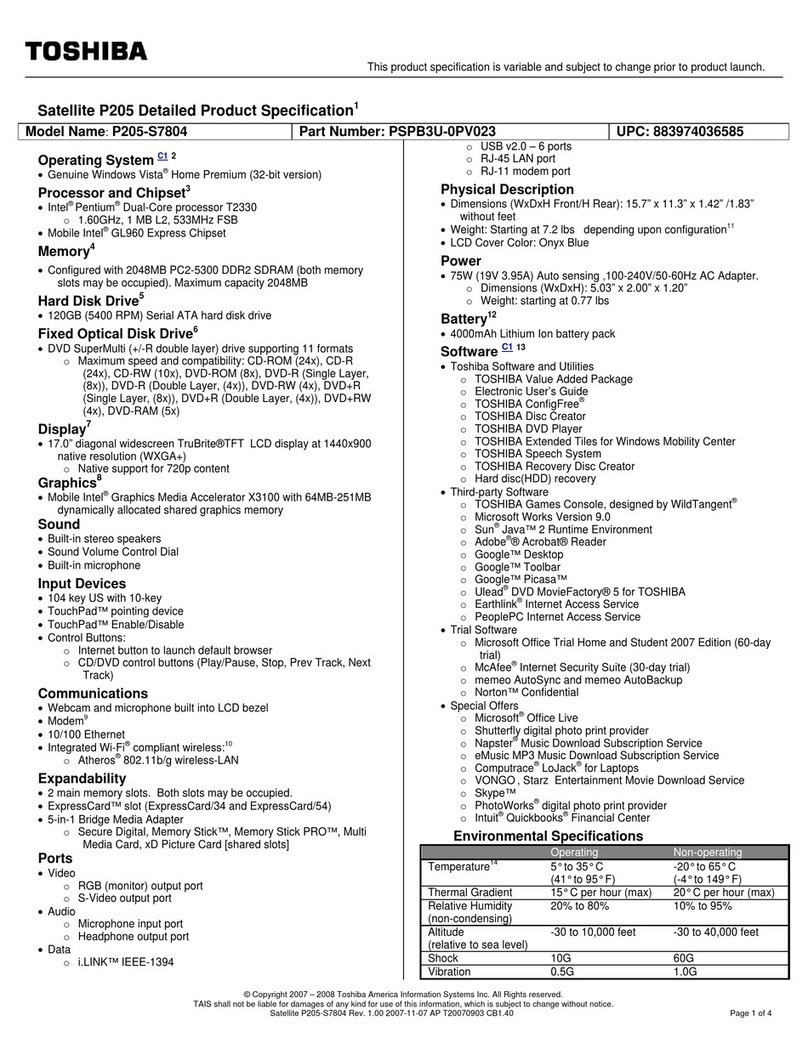 Toshiba Satellite P205 Specifications Toshiba Satellite P205 Specifications