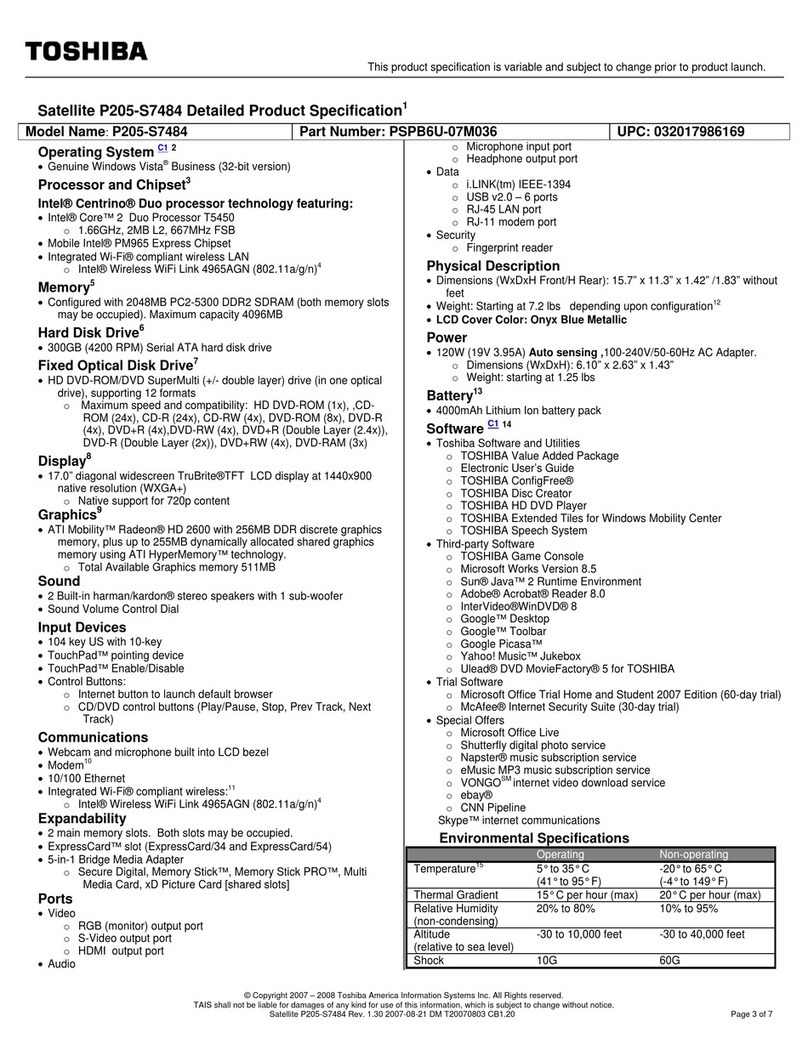 Toshiba P205-S7484 Specifications