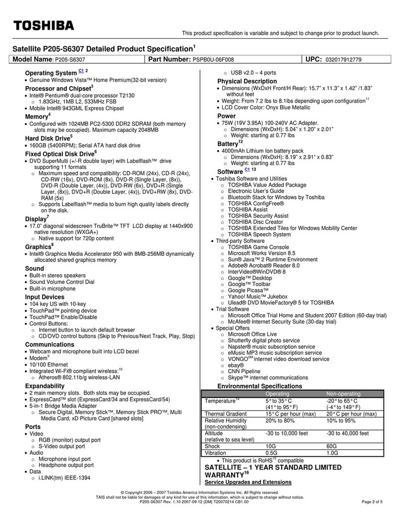 Toshiba P205-S6307 Specifications