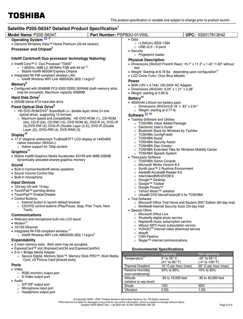 Toshiba P205-S6347 Specifications