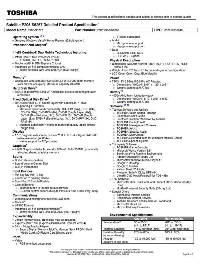 Toshiba P205-S6267 Specifications