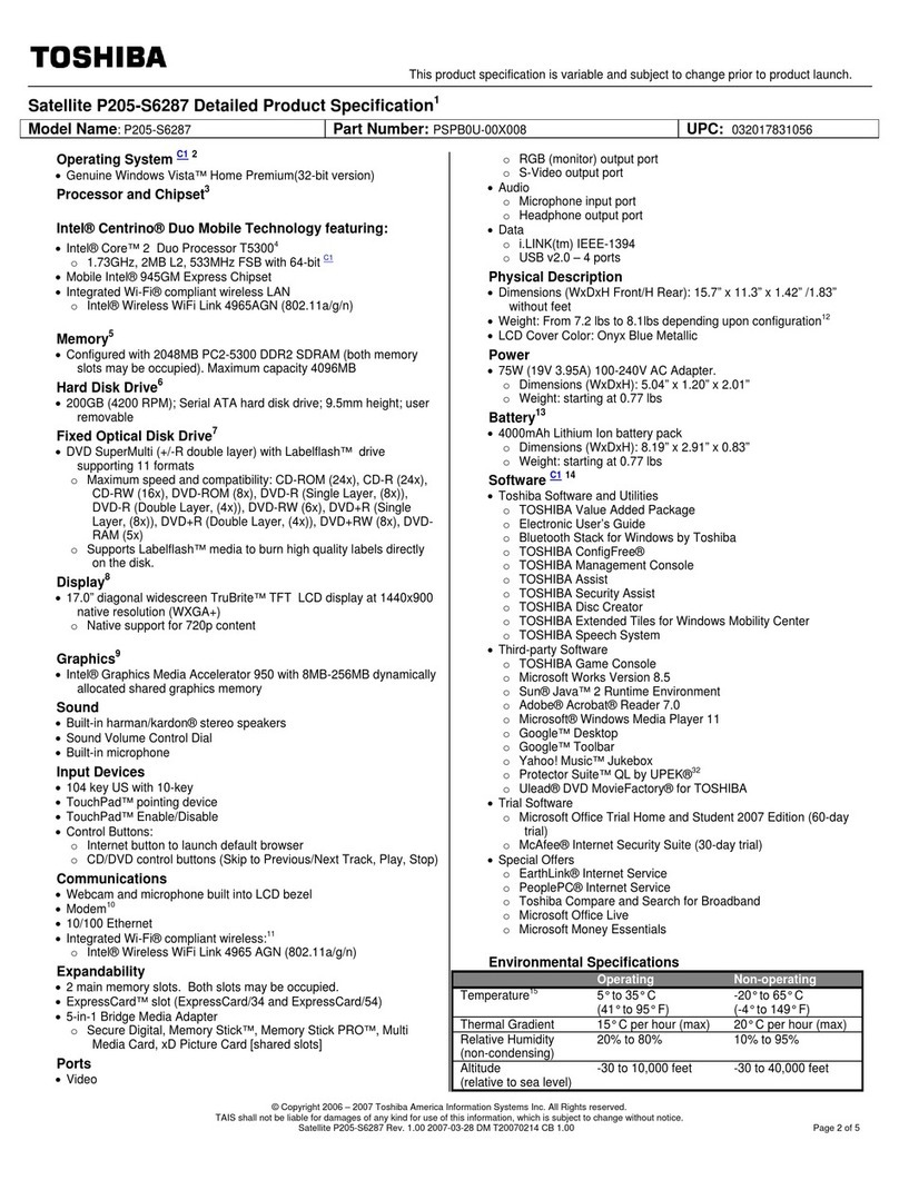 Toshiba P205-S6287 Specifications