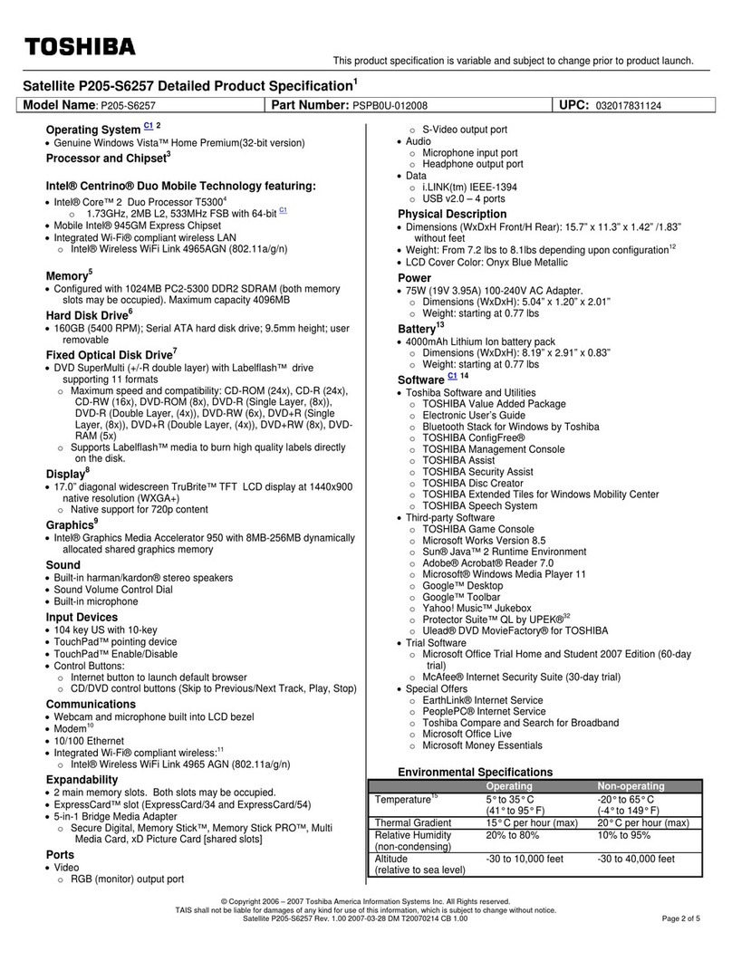 Toshiba P205-S6257 Specifications