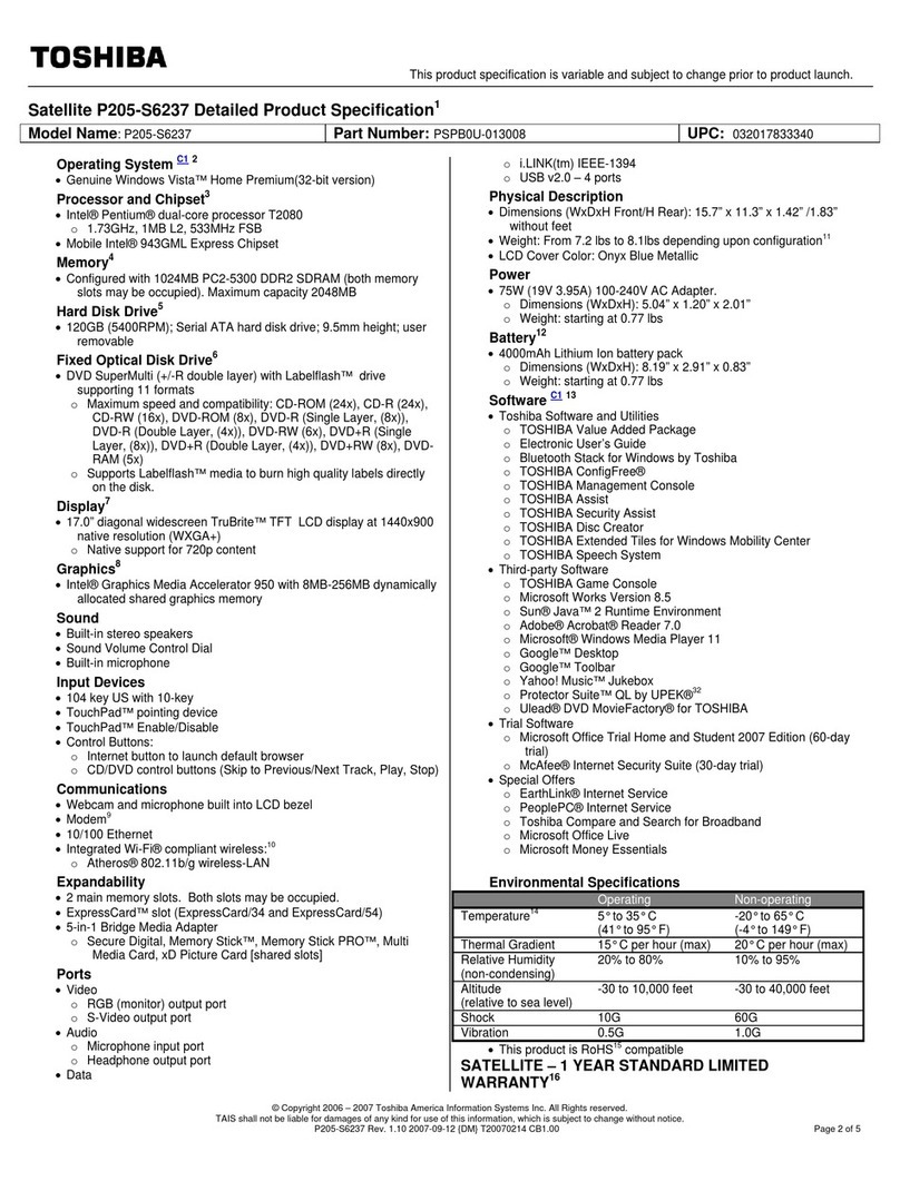 Toshiba P205-S6237 Specifications
