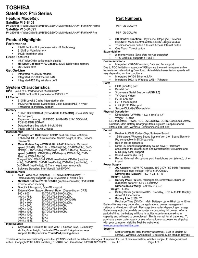 Toshiba Satellite P15-S409 Specifications