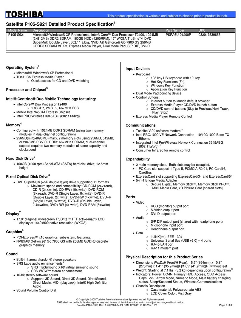 Toshiba P105-S921 Specifications