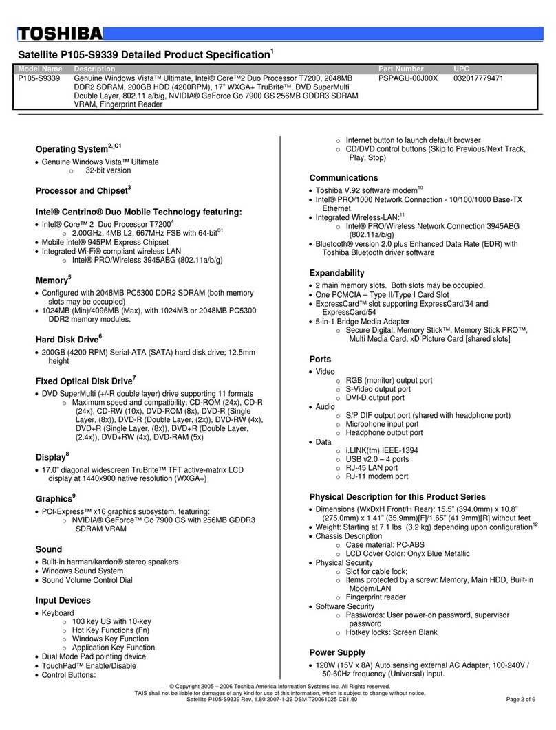 Toshiba P105-S9339 Specifications