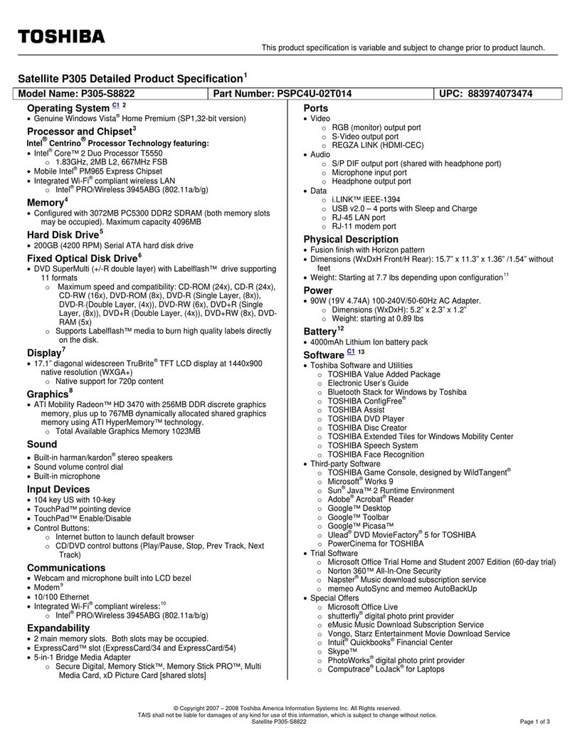 Toshiba P305-S8822 Specifications