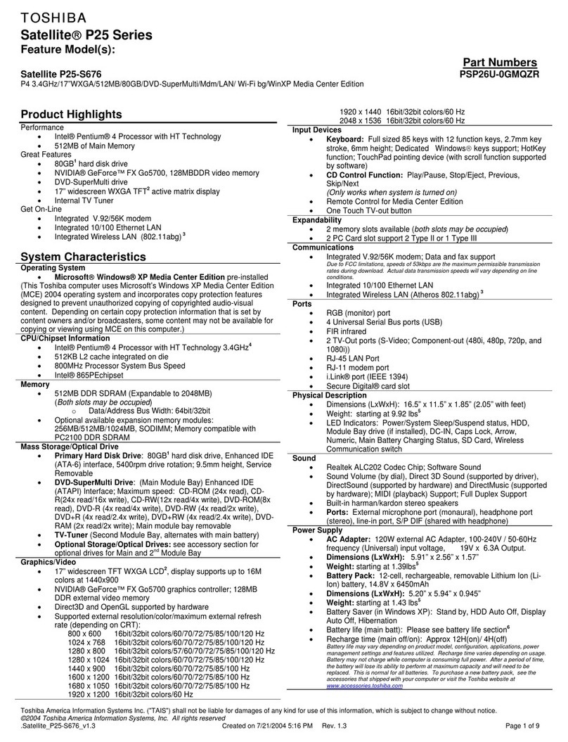 Toshiba P25-S676 - Satellite - Pentium 4 3.4 GHz Specifications