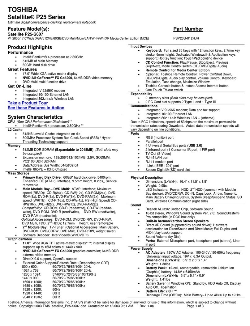 Toshiba Satellite P25-S607 User manual