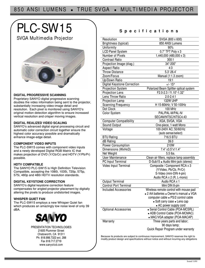 Sanyo SW15 - PLC SVGA LCD Projector Specifications