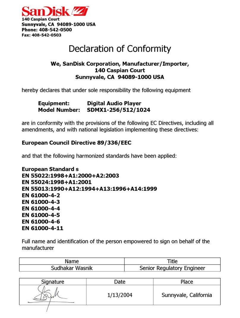 SanDisk Sansa SDMX1 1GB Declaration of conformity