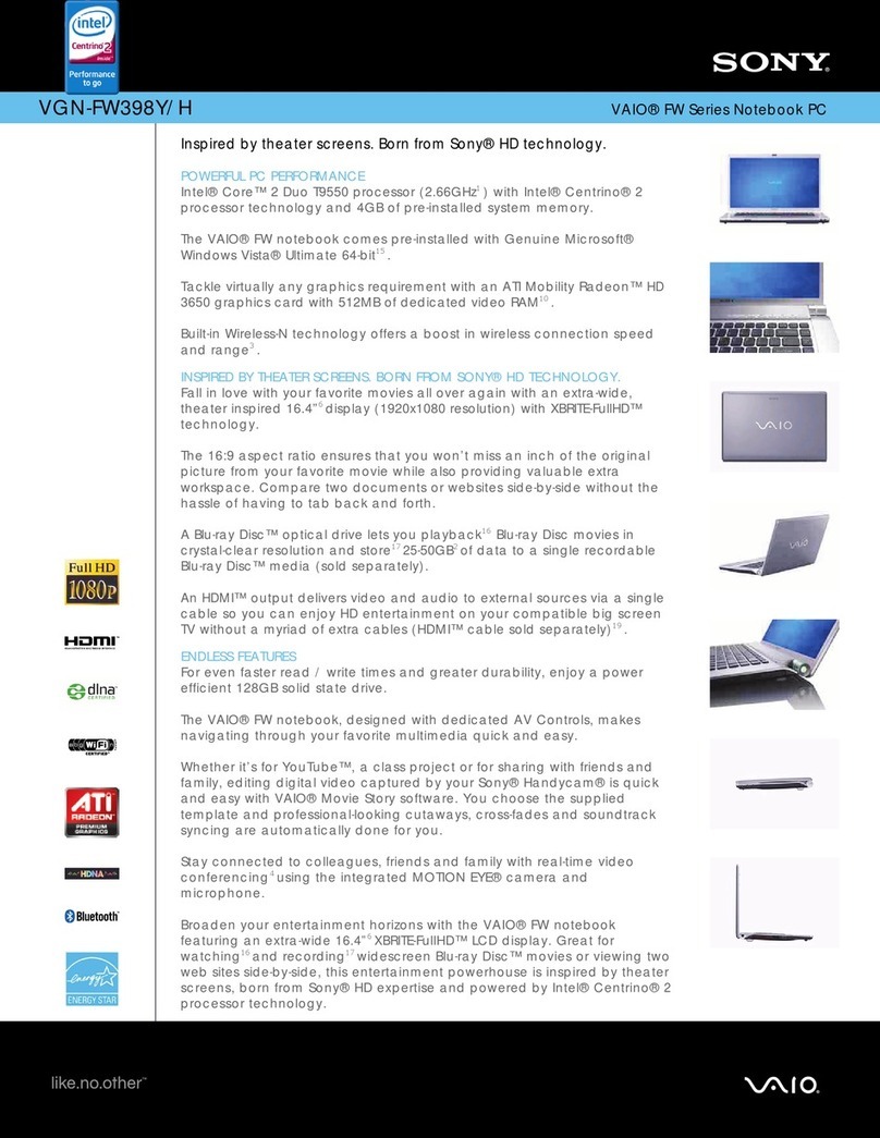 Sony VGN-FW398Y Specifications