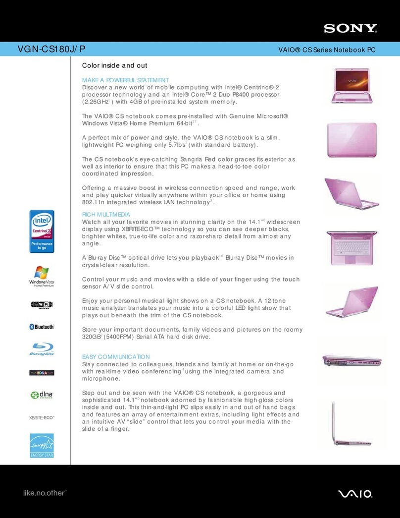 Sony VGN-CS180J - VAIO CS Series Specifications