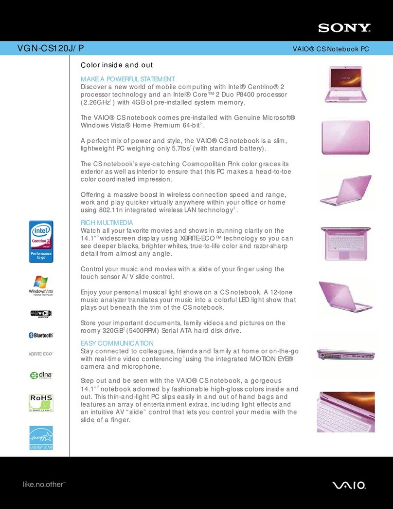 Sony VGN-CS120J - VAIO CS Series Specifications