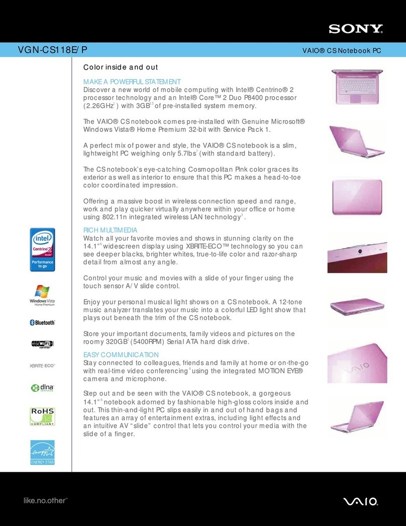 Sony VGN-CS118E - VAIO CS Series Specifications