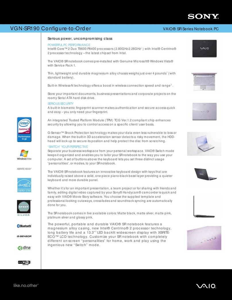 Sony VGN-SR190 Specifications Sony VGN-SR190 Specifications