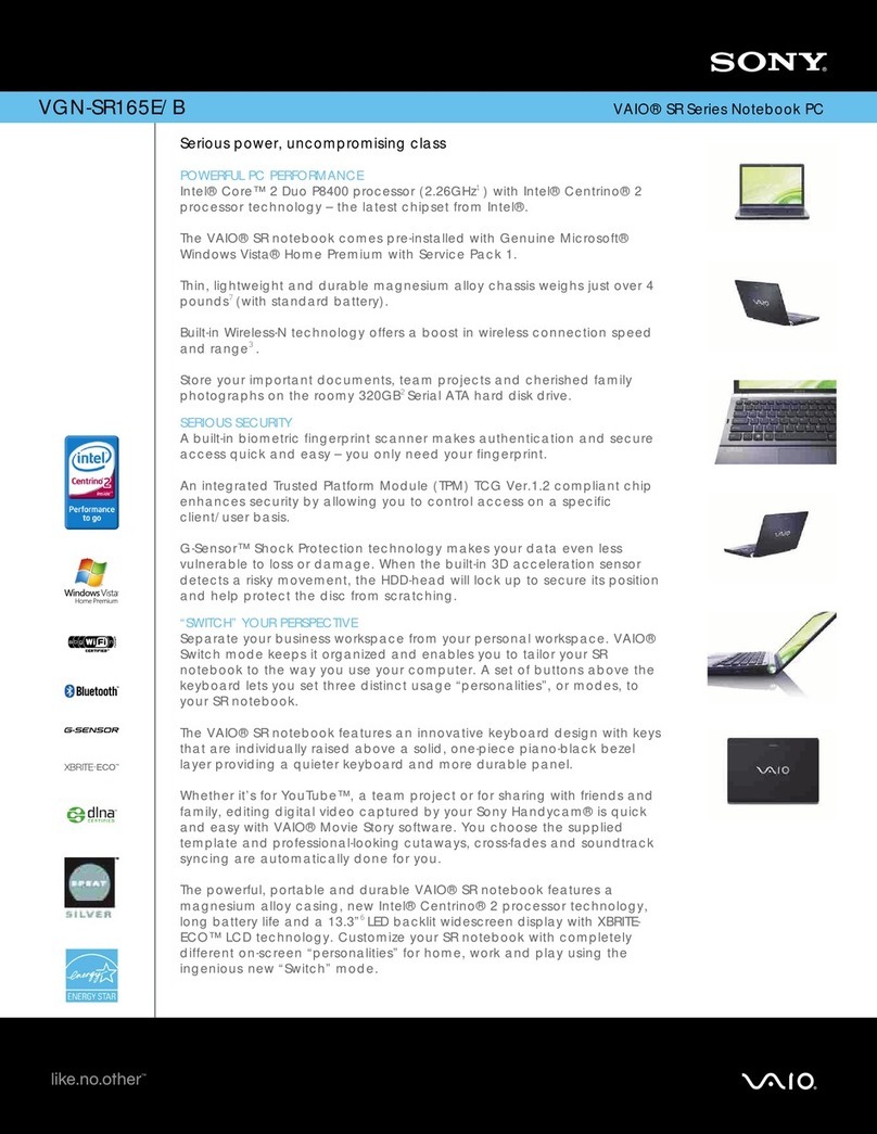 Sony VGN-SR165E Specifications