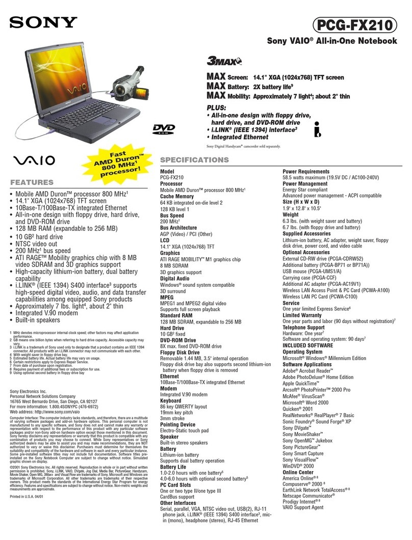 Sony VAIO PCG-FX210 Specifications